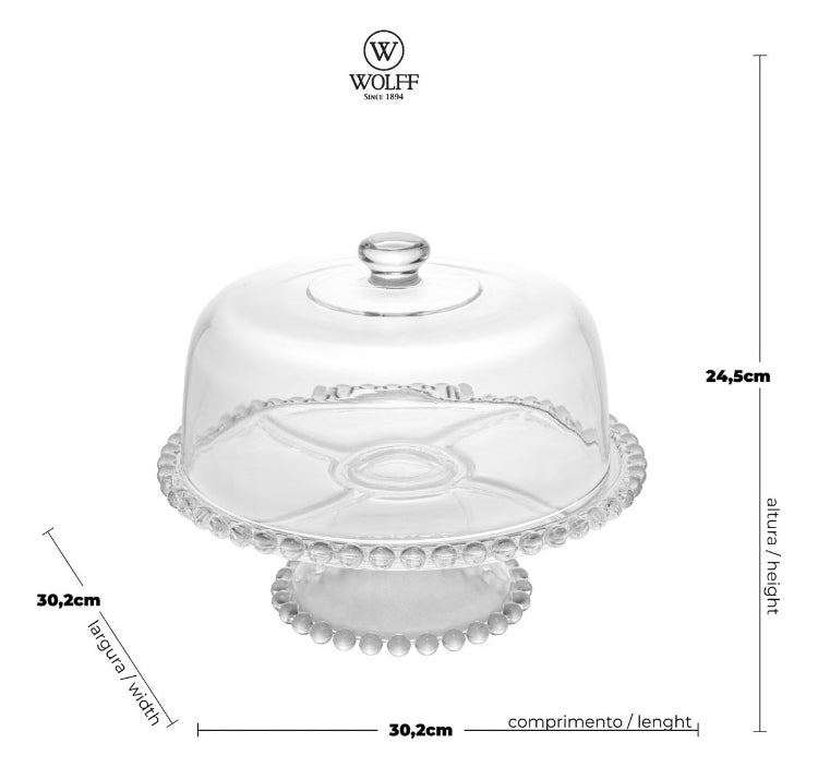 Prato para Bolo Crystal com pé e tampa pearl 31 cm