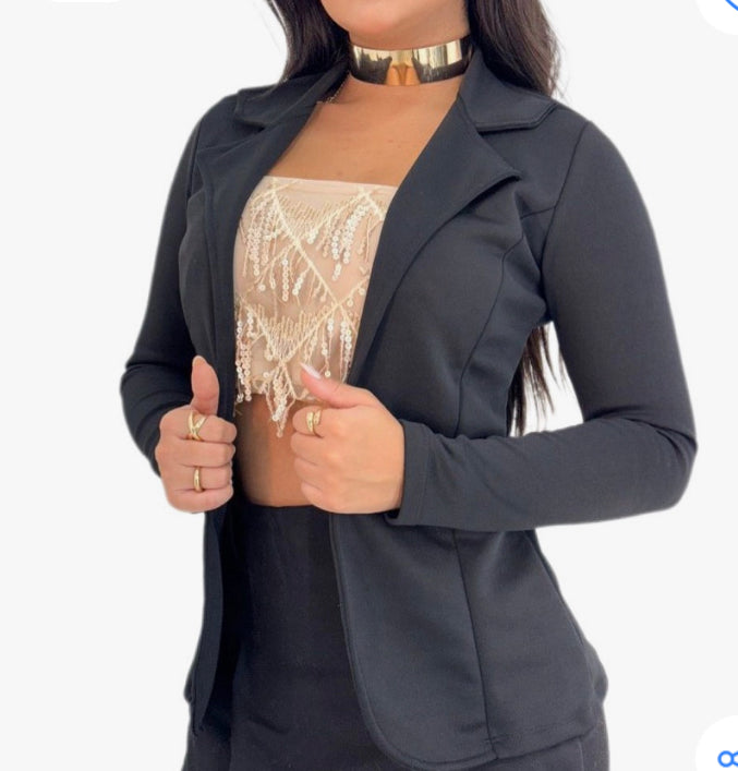 Blazer Feminino De Neoprene Casual Moderno E Elegante PRETO