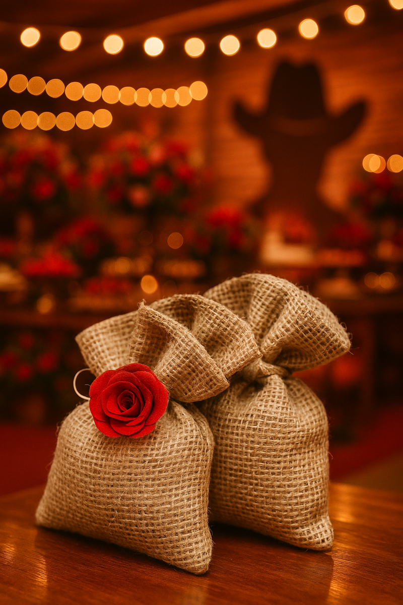 Saquinhos de juta natural com rosas vermeljas 10 x 15 cm
