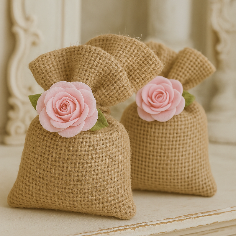 Saquinhos de juta natural com rosa  10 x 15 cm