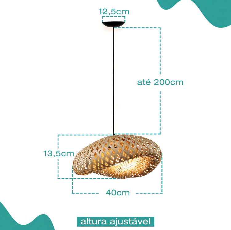 Lustre Luminária Pendente de teto Natural Rustico Palha Trançada Bambu Artesanal completo com lâmpada e canopla  bocal E37