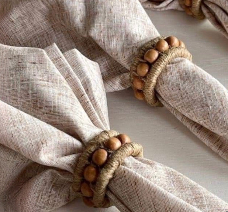 Porta Guardanapo duplo de juta com bolinhas de madeira - 6 unidades