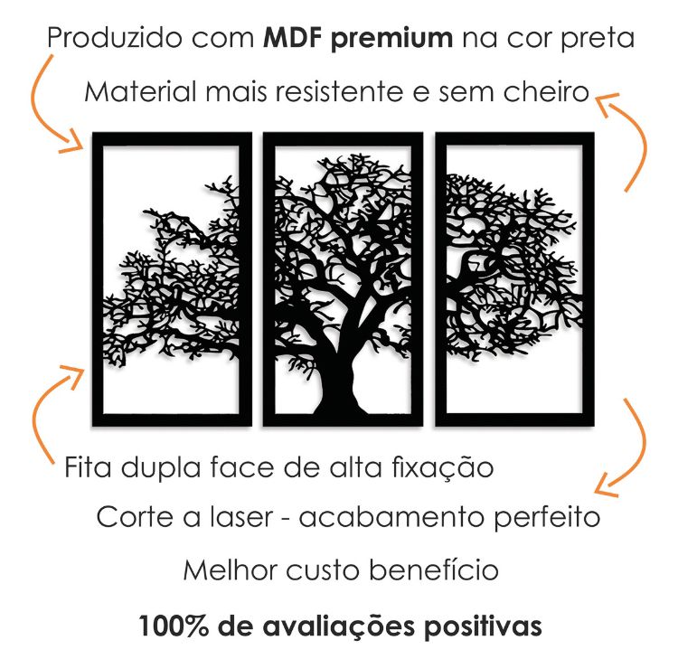 Kit Quadro Decorativo Árvore Da Vida 3 Peças Mdf 3mm Preta
