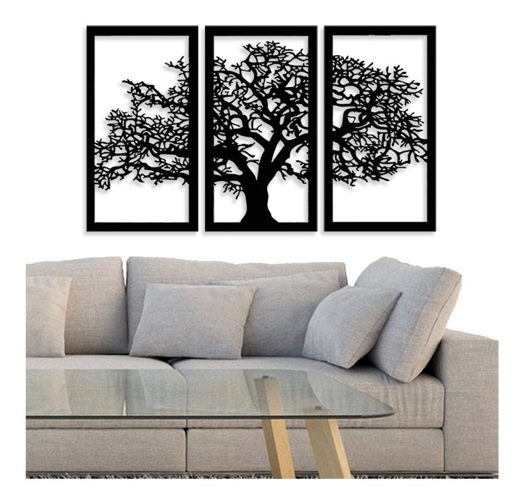 Kit Quadro Decorativo Árvore Da Vida 3 Peças Mdf 3mm Preta