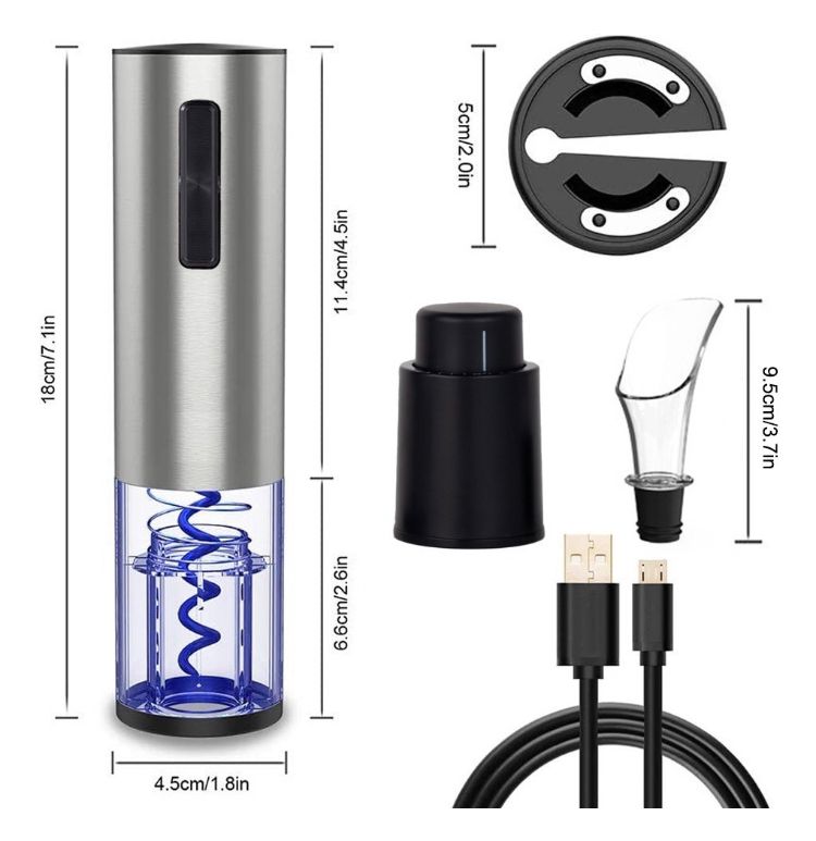 Abridor De Vinho Garrafa Automático Elétrico Kit 4 Peças Cor Usb-prata