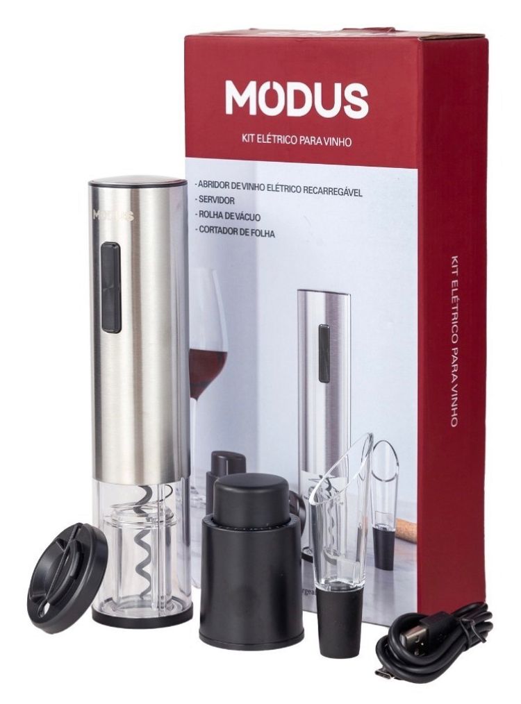 Abridor De Vinho Garrafa Automático Elétrico Kit 4 Peças Cor Usb-prata