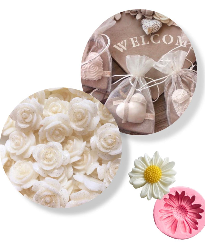kit 03 formas de silicone mini rosas, coração e margarida