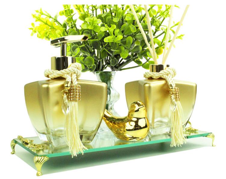 Kit Banheiro Lavabo Vidros Luxo C/ Bandeja Espelhada