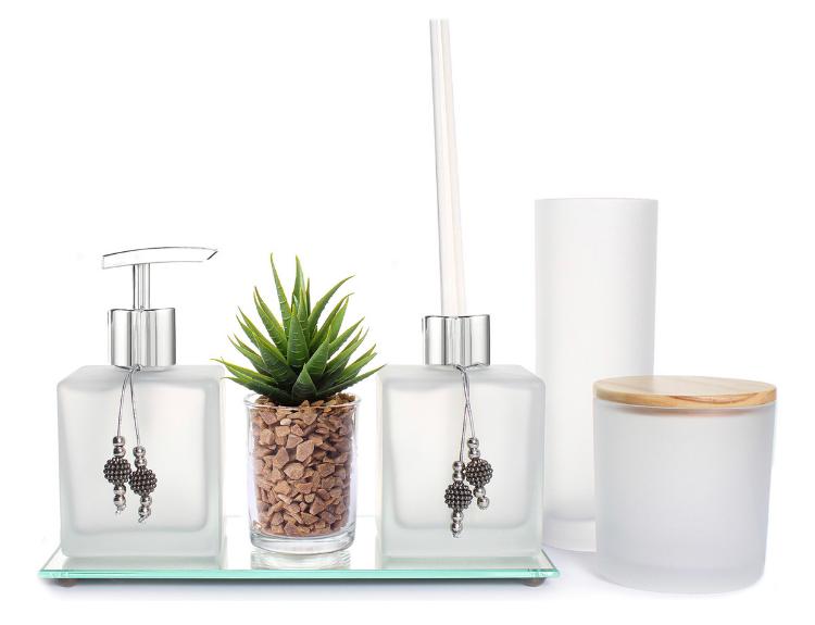 Kit Banheiro Lavabo Vidros Luxo C/ Bandeja Espelhada  efeito jateado