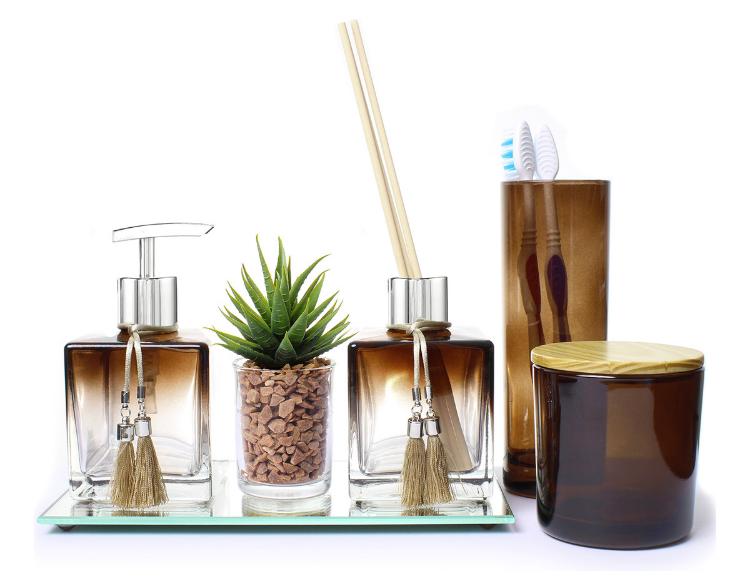 Kit Banheiro Lavabo Vidros Luxo C/ Bandeja Espelhada Fume