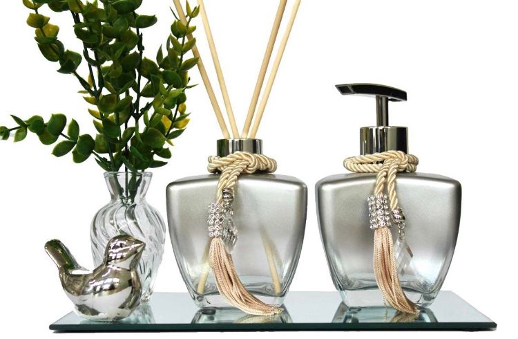 Kit Banheiro Lavabo Vidros Luxo preto fume  C/ Bandeja