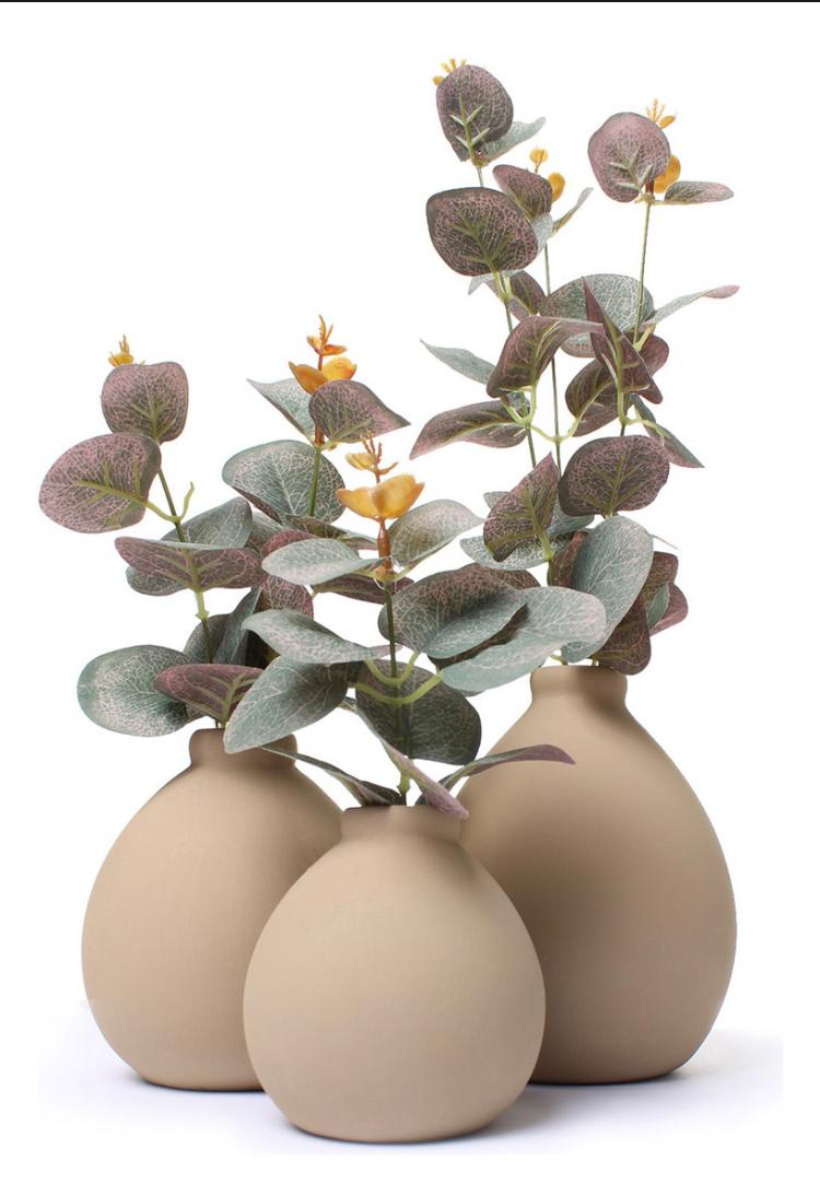 Trio De Vasos Cerâmica Flor Artificial Decorativa