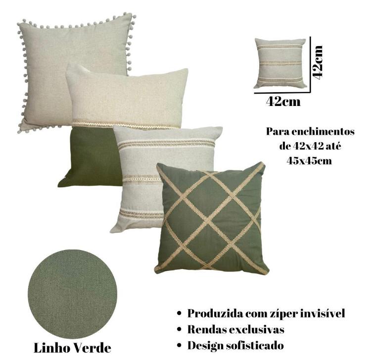 Kit 4 Capas Almofada Luxo Linho Estilo Boho Chic Verde Oliva