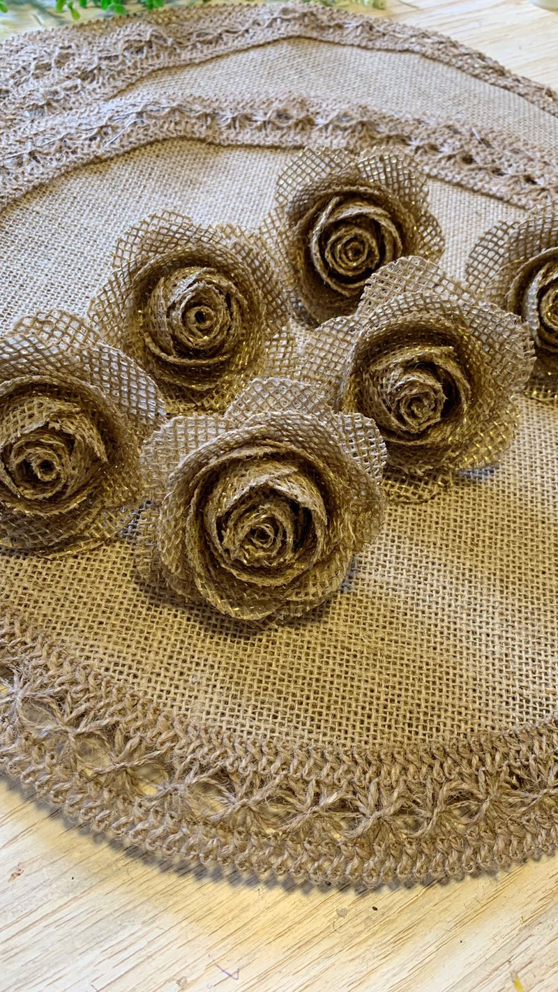 Kit 12 Peças - 6 Porta Guardanapos de Juta Rosa com Fios Dourados, 6 Jogos Americanos