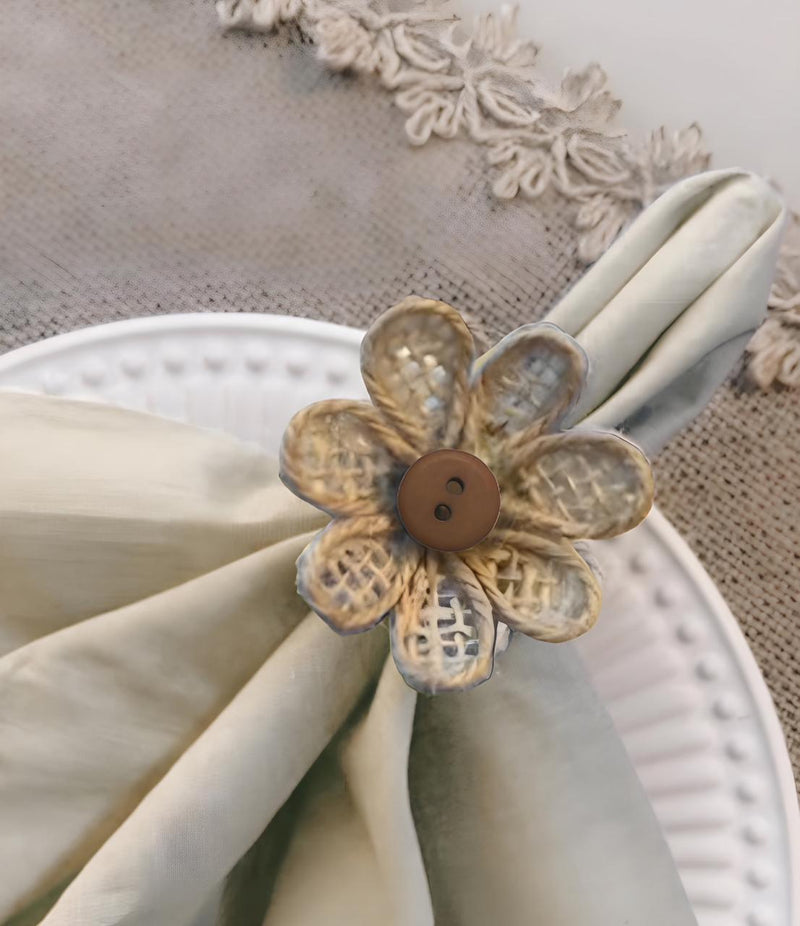 06 porta guardanapos flor de sisal com botão e anel de madeira