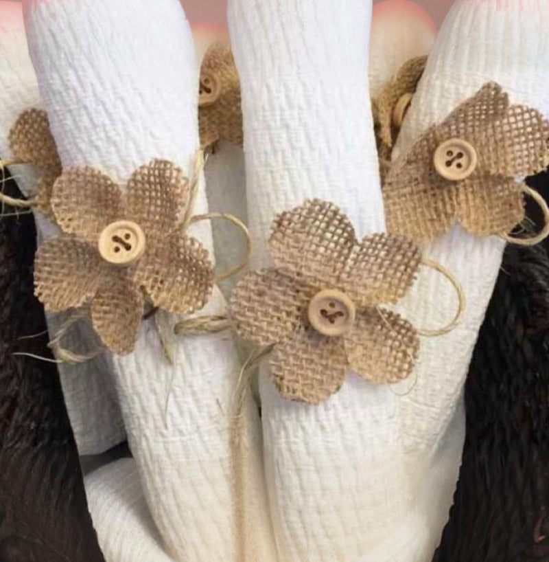 Porta guardanapo de flor de juta com botao e fios de juta - 6 unidades