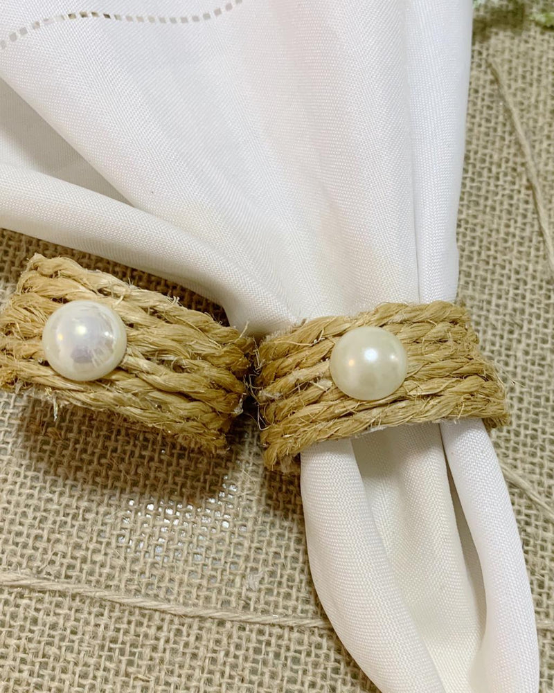 Porta guardanapo com fios de sisal e perolas central - 6 unidades