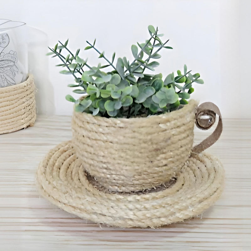 Vaso xicara rustico de sisal e juta - jardim interno