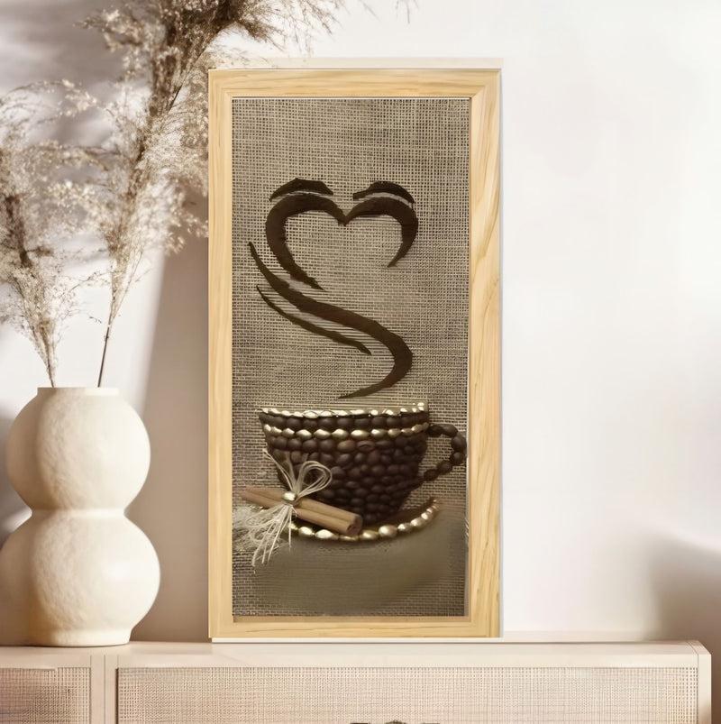 Quadro de juta xcara graos de cafe 20 x 40 cm