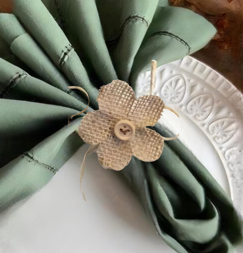 Porta guardanapo de flor de juta com botao e fios de juta - 6 unidades