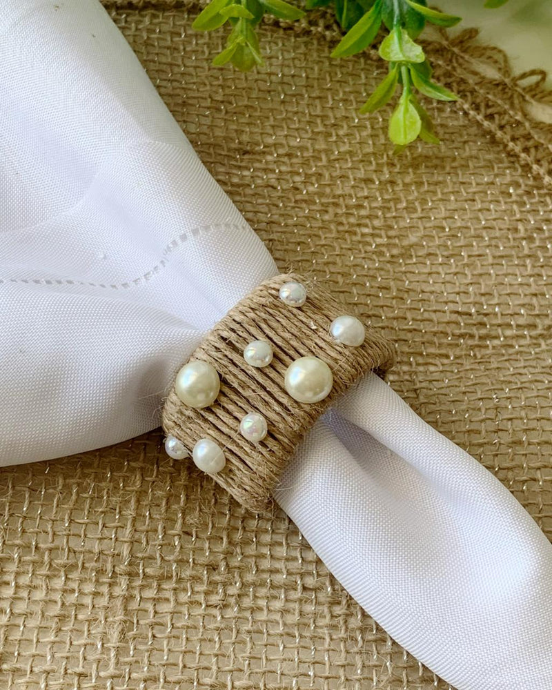 Porta guardanapo com fios de rami e perolas - 6 unidades