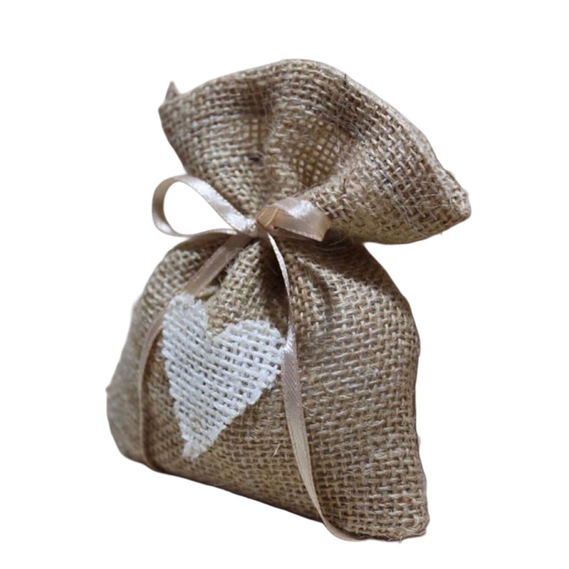 20 Saquinhos de Juta com Coração e Fita de Cetim, 10 x 15 cm